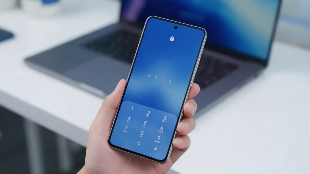 Celular con un chat protegido por candado y teclado de PIN