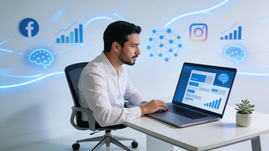 Emprendedor revisando anuncios de Facebook e Instagram con herramientas de inteligencia artificial