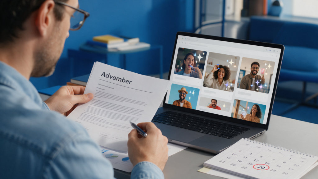 Emprendedor revisando en su laptop los términos de anuncios con IA de Meta